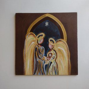 Oil Painting on Canvas, Christmas Angels & Baby Jesus w Star of Bethlehem, 8"x8"